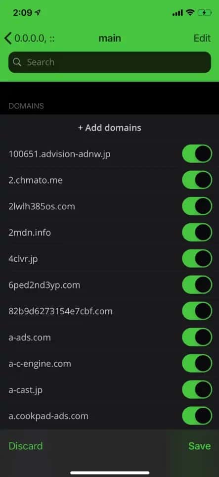 Manage DNS rulesのmainグループのAdd domains入力欄に、コピーした内容をペーストする画面。