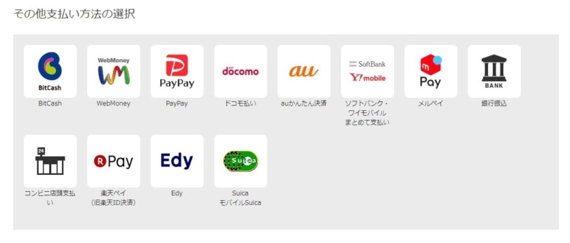 楽天ペイや各種電子マネー、クレジットカードなど、DMMポイントのチャージに対応している決済方法の一覧。