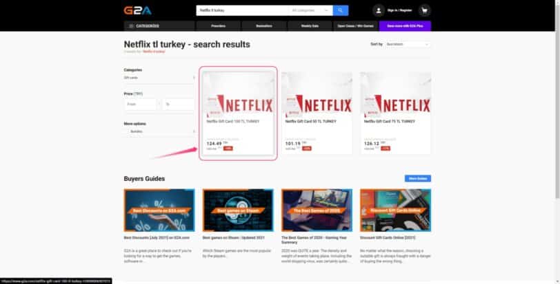 G2Aでトルコ向けNetflixギフトカードを検索した結果画面。
