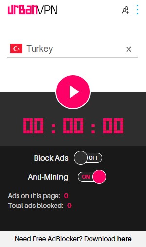 UrbanVPNで広告ブロックをオフにしてトルコへ接続する画面。
