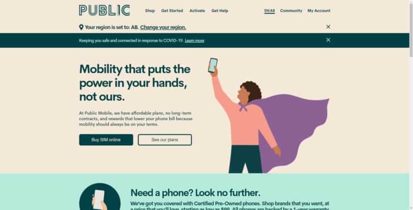 Public Mobileの公式ホームページからSIMカードを購入する画面。