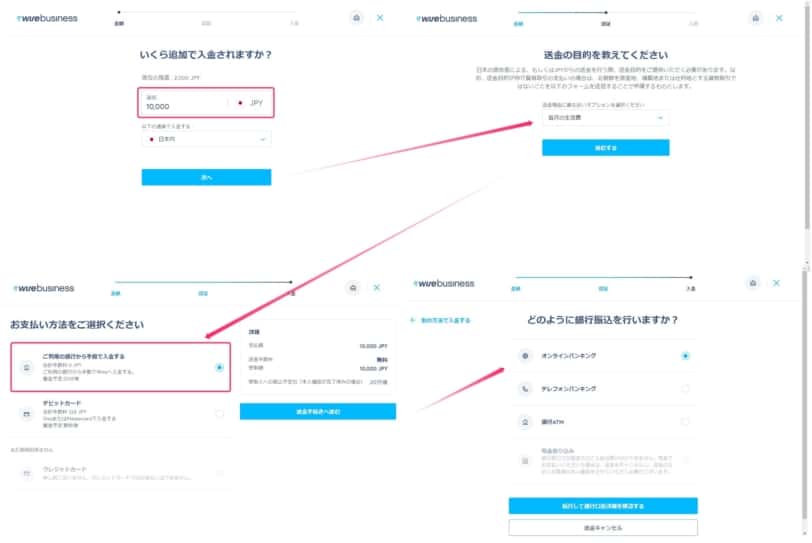 画面の案内に従って1万円を入金する手順の画面。