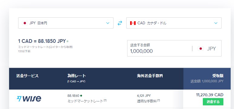 マルチカレンシー口座で両替して送金した場合の手数料の内訳と合計金額。