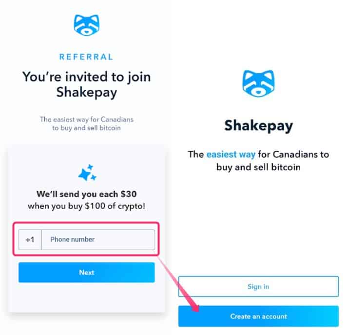 Shakepayのアカウント作成画面で電話番号を再入力し、ボタンを押す操作画面。