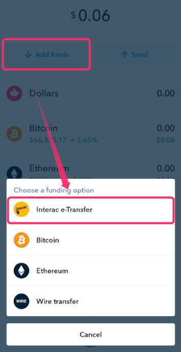 Shakepayアプリの「Add funds」から「Interac e-Transfer」を選択する画面。