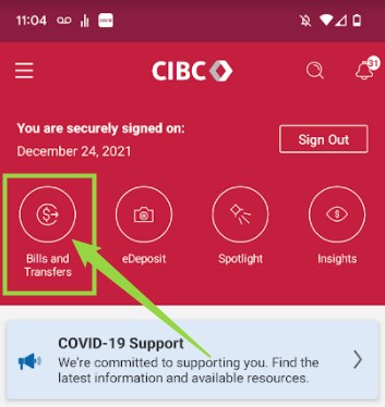 銀行アプリの画面で「Bills and Transfers」を選択する操作の様子。