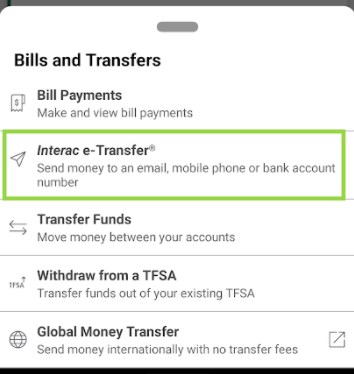 銀行アプリのメニューから「Interac e-Transfer」を選択する画面。
