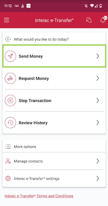 銀行アプリで「Send Money」を選択する画面。