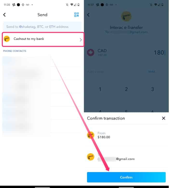 「Cashout to my bank」を選択し、送金金額を指定する出金操作画面。
