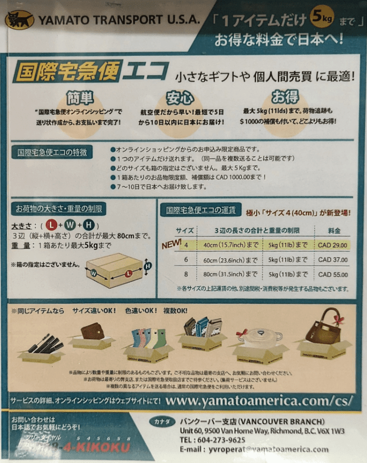 国際宅急便エコを利用して日本に荷物が届いた配送日数の目安を示す資料。