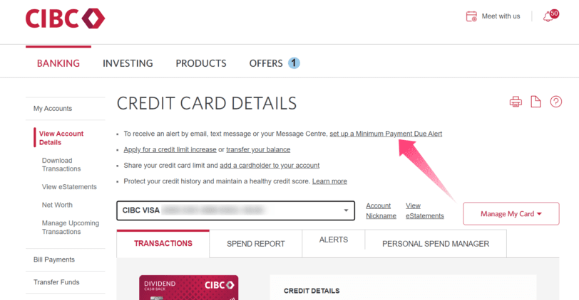CIBCでクレジットカードの支払い通知を設定する画面。