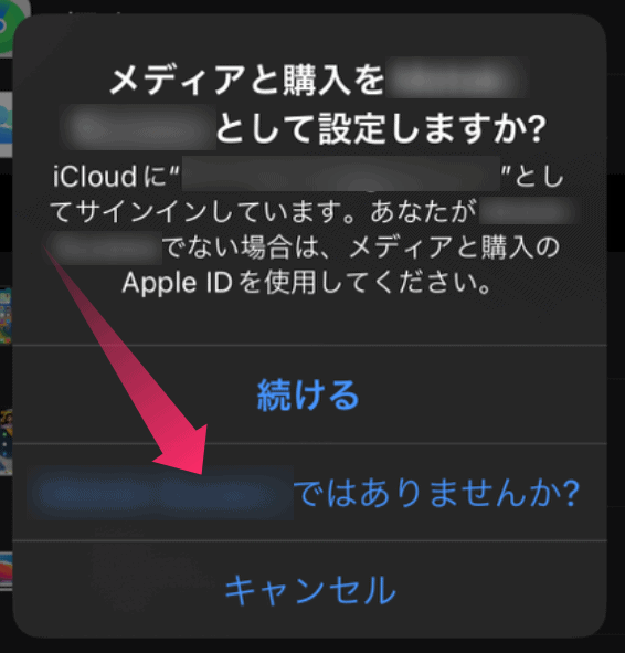 再度メディアと購入を選択し、表示されたアカウントの確認を行う画面。
