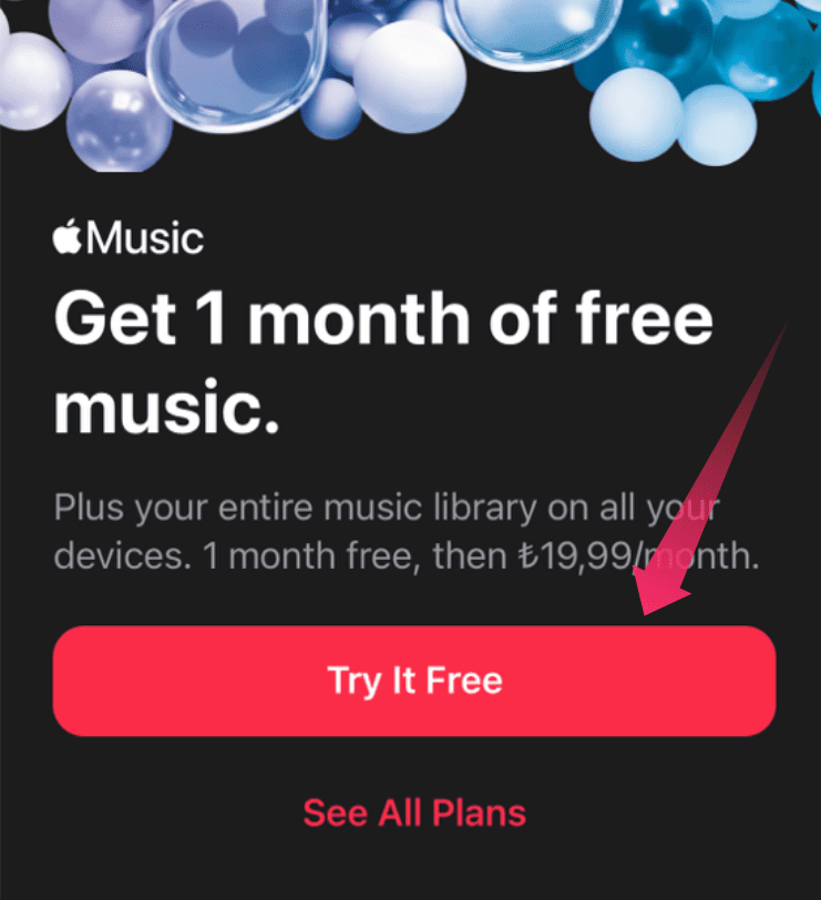 Apple Musicの1か月無料の案内が表示され、登録ボタンを押す操作画面。