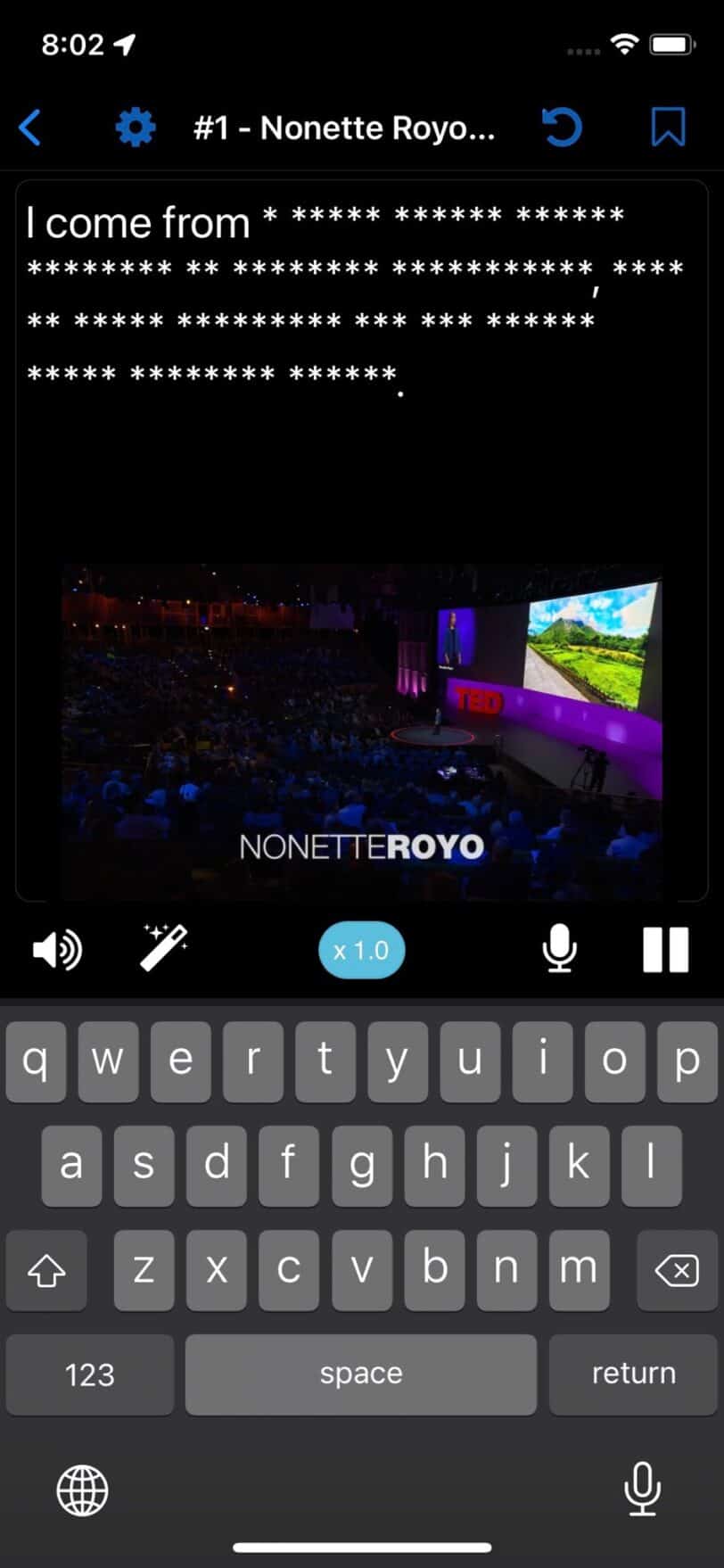 TEDのプレゼンを聴きながらディクテーションができるTEDICTの画面。
