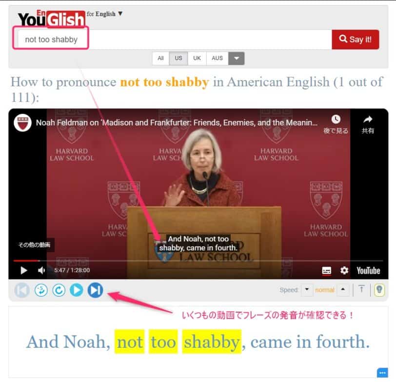 英単語やフレーズを動画内から検索して使用例を確認できる画面。