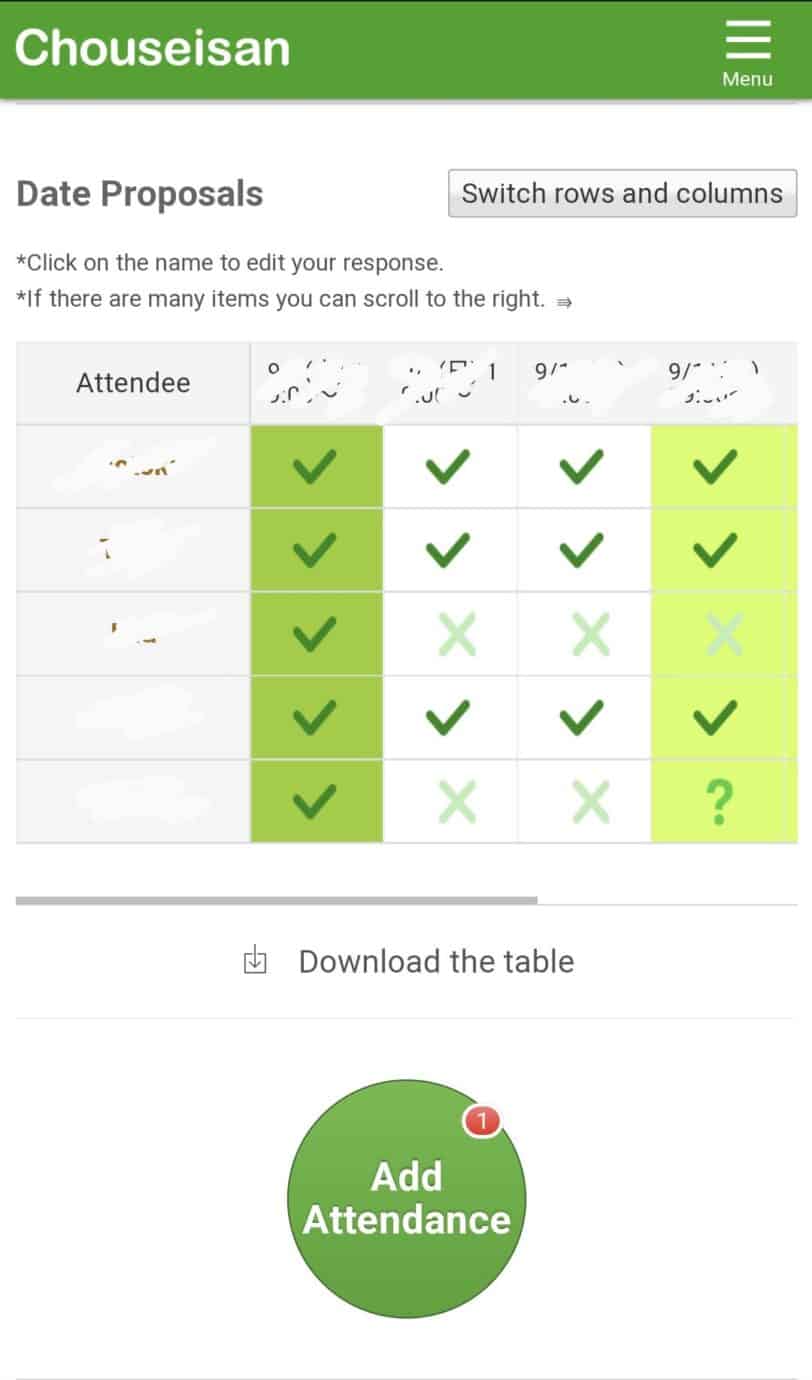 英語版の調整さんで予定を合わせる画面。