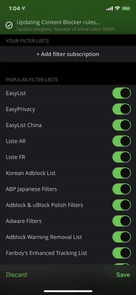 SettingsのManage Safari rulesを開き、項目を全てオンにしてSaveを押す設定画面。