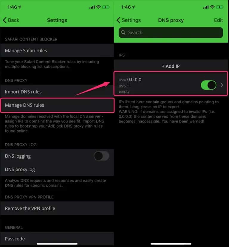 SettingsのManage DNS rulesから、0.0.0.0の項目を選択する画面。