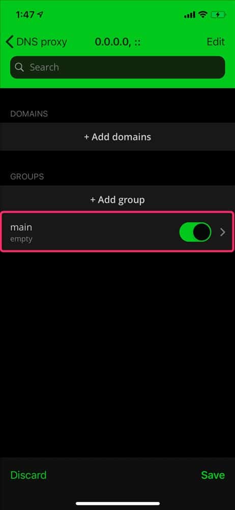 Add groupを押してmainという名前のグループを作成する画面。