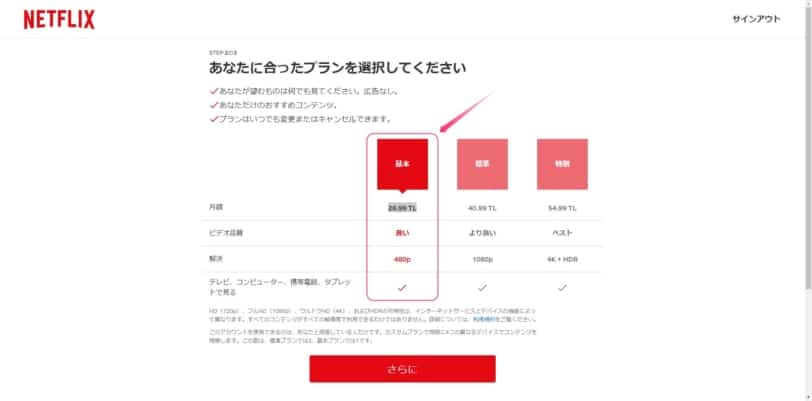 請求通貨がトルコリラになっていることを確認しベーシックプランを選択する画面。